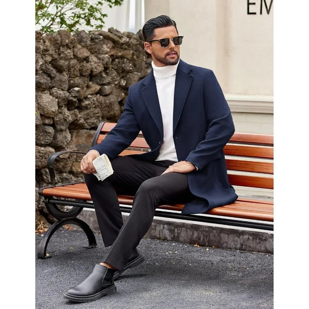 Men's Navy Blue Trench Coat Long Casual Notched Collar Wool Blend Pea coat